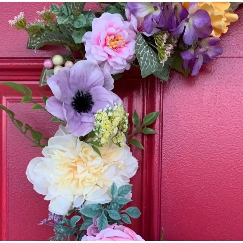 Floral Bead Hoop Wreath: Poppy, Anemone, Eucalyptus, Farmhouse Decor